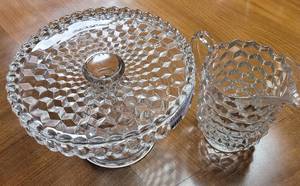 lot 389 image: VINTAGE FOSTORIA FOOTED CAKE STAND AND PITCHER IN STYLEDESIGNCONDITION SHOWN.