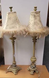 lot 402 image: PAIR OF BRASS STYLE LAMPS WITH SHADES IN STYLECOLORCONDITION SHOWN.