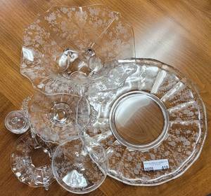 lot 410 image: VINTAGE GLASS DISHES WITH ETCHED FLORAL DESIGN INCLUDING LARGE SERVING PLATTER AND BOWL, CANDY DISH AND MORE AS SHOWN.