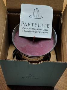 lot 419 image: PARTYLITE BEST BURN SLIM HURRICANE JAR CANDLE IN BOX AS SHOWN. MULBERRY SCENT.