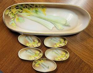 lot 421 image: VINTAGE HANDPAINTED CELERY SERVING DISH SET (NIPPON) AS SHOWN.