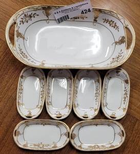 lot 424 image: VINTAGE HAND PAINTED CELERY SERVING DISH SET WITH GILDED DESIGN AS SHOWN. (NIPPON).