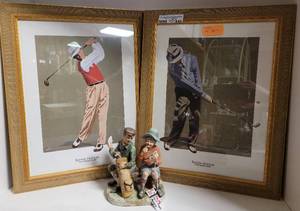 lot 448 image: 2 BERNIE HORTON GOLF THEMED FRAMED PRINTS AND ANTIQUE GOLFING COUPLE CERAMIC FIGURE AS SHOWN.