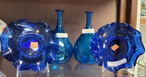 lot 450 image: VINTAGE COBALT BLUE BOTTLES, BLOWN GLASS PLATES AS SHOWN.
