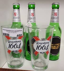 lot 460 image: VINTAGE KRONENBOURG GLASSES PLUS BECKS BOTTLES AS SHOWN.
