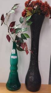 lot 482 image: 2 VASES INCLUDING A GREEN GLASS GENIE-STYLE VASE WITH FLORAL ACCENTS AS SHOWN.