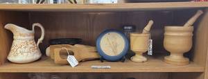 lot 484 image: VINTAGE WOODEN UTENSILS, WOODEN MORTAR AND PESTLE SETS, HAND MADE PITCHER AND MORE AS SHOWN.