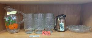 lot 485 image: HAMMERED COPPER AND BRASS PITCHER, CRISTALA MUGS, VINTAGE ORANGE JUICE PITCHER AND MORE AS SHOWN.