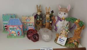 lot 494 image: EASTER  BUNNIES LOT INCLUDING BUNNY TREE, PAPERWEIGHT, GLASS EGG, TEALIGHT HOUSES AND MORE AS SHOWN.