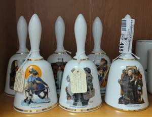 lot 498 image: LOT OF 6 NORMAN ROCKWELL BELL SERIES BELLS BY THE DANBURY MINT AS SHOWN.