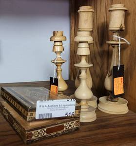 lot 516 image: VINTAGE OLIVE WOOD CANDLESTICK HOLDERS AND WOODEN TRINKETJEWELRY BOX (HOLYLAND) AS SHOWN.