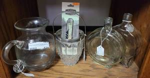 lot 528 image: GLASS DECANTERS, PITCHER, RUGGED NAVIGATING MAP CORKSCREW AND MORE AS SHOWN.