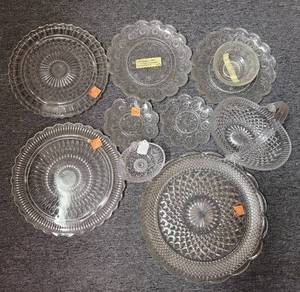 lot 548 image: GLASS PLATTERS, DEPRESSION GLASS STYLE DISHES, GLASS BASKET AND MORE AS SHOWN.