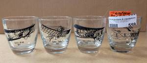 lot 559 image: SET OF 4 VINTAGE AIRPLANE THEMED BAR-STYLE GLASSES AS SHOWN.