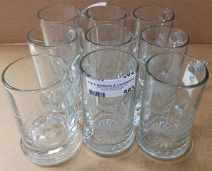 lot 563 image: 9 ETCHED GLASS STYLE THICK GLASS WITH HANDLE MUGS WITH VARIOUS SHIP DESIGNS AS SHOWN.