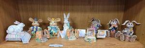 lot 567 image: LOT OF ASSORTED BUNNIES INCLUDING LEFTON CHINA MUSICAL PORCELAIN BUNNY (PLAYS BORN FREE), FIGURINES AND MORE AS SHOWN.