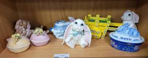 lot 568 image: ASSORTED BUNNY TRINKET BOXES, BUNNY FIGURINES AND MORE AS SHOWN.