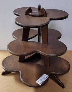 lot 573 image: 3-TIER WOOD DISPLAY STAND AS SHOWN.