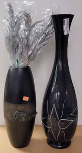 lot 578 image: 2 VASES INCLUDING ONE MANGO WOOD ELEPHANT THEME WITH FLORAL ACCENTS AS SHOWN.