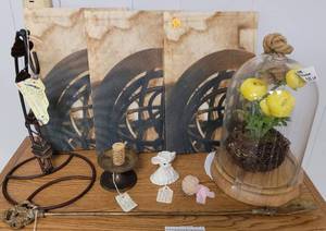 lot 584 image: VINTAGE BRASS SHOE HORN, TERRANIUM, LEFTON CHINA PIN CUSHION, WALL DECOR AND MORE AS SHOWN.