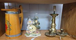 lot 585 image: BRASS CANDLE HOLDERS IN VARIOUS SIZES AND STYLES, FATHER TIME OAK TREE HOUSE CLOCK, LARGE WOODEN PITCHER AS SHOWN.