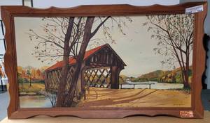lot 586 image: VINTAGE COUNTRY SCENE PAINTING ON CANVAS BY MARY JANE HALL. MEASURES APPROX. 33 X 19.