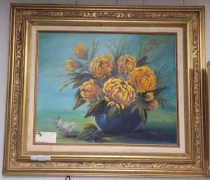 lot 593 image: VINTAGE FRAMED OIL PAINTING BRONZE MUMS BY MARTHA HARVEY AS SHOWN. MEASURES APPROX. 16 X 20.