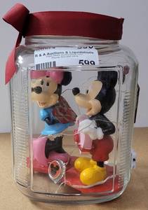lot 599 image: CUSTOM-MADE GLASS JAR WITH MICKEYMINNIE MOUSE FIGURINES AND LIGHTS AS SHOWN.