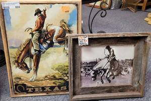 lot 604 image: FRAMED WESTERN METAL SIGN TEXAS AND RUSTIC WESTERN ART FRAME AS SHOWN.