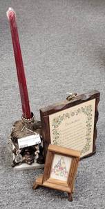 lot 615 image: BRASS WITH MARBLE BASE CANDLESTICK HOLDER, FRAMED ART AS SHOWN.