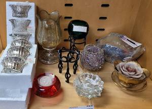 lot 623 image: ASSORTED CANDLE HOLDERS AND MORE AS SHOWN.