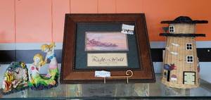 lot 645 image: CUSTOM FRAMED I AM THE LIGHT PRINT, WICKER STYLE LIGHTHOUSE, CLOCK AND MORE AS SHOWN.