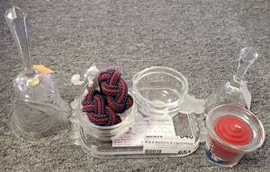 lot 651 image: GLASS CREAMERSUGAR AND TRAY SET, CRYSTAL BELLS AND MORE AS SHOWN.