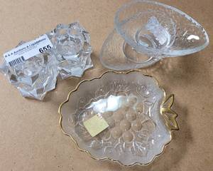lot 655 image: CRYSTAL CANDLEHOLDERS, GLASS GRAPE DESIGN DISH WITH GOLD TRIM AND MORE AS SHOWN.
