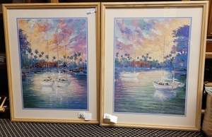 lot 252 image: PAIR OF FRAMED PASTEL BOAT SCENE PRINTS IN STYLECOLORCONDITION SHOWN. EACH MEASURES APPROX. 23.5 X 29.5.