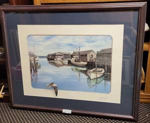 lot 253 image: VINTAGE 1987 WELLINGTON WARD JR. LIMITED ED PRINT OF FISHING SHACKS  BOAT FRAMED AND MATTED. SIGNED AND NUMBERED 346975. SEARCH IT UP