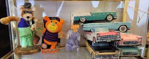 lot 255 image: HEFFALUMP (FROM WINNIE THE POOH) IN ACRYLIC CASE, PAPA BEAR FISHING BEAR, VINTAGE COLLECTIBLE SONIC HAPPY MEAL CARTON CLASSIC CARS AND MORE AS SHOWN.