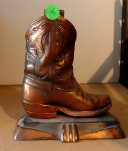lot 15 image: VINTAGE COWBOY BOOT AND STAND - BRASS (UNIQUE)