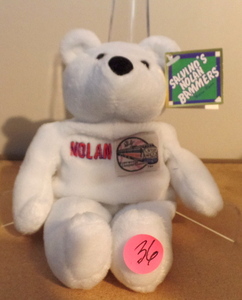lot 36 image: Salvinos Nolan Bammers Nolan Ryan 34 White Beanie Plush Toy Bear Mlb
