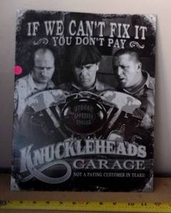 lot 67 image: THREE STOOGES - METAL KNUCKLEHEAD GARAGE SIGN - MEASURES 11 X 17