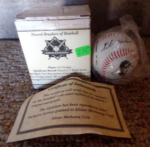 lot 275 image: GIL HODGES PHOTO BASEBALL WITH AUTOGRAPH FACSIMILE AND COA