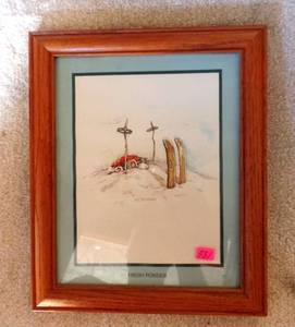 lot 331 image: CUTE FRESH POWDER SKI PRINT MATTED IN 8 X 10 WOOD FRAME UNDER GLASS