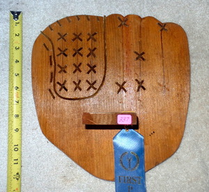 lot 337 image: WOODEN CHILDS BASEBALL GLOVE DISPLAY