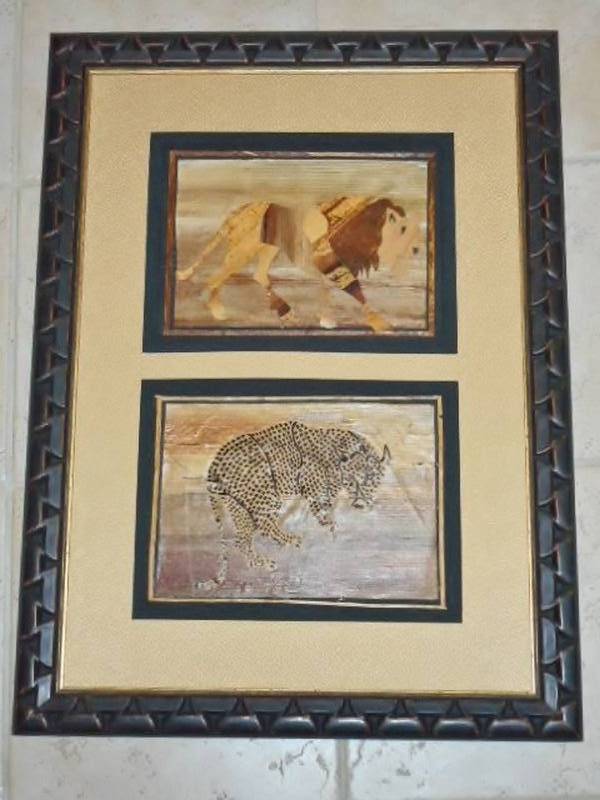 lot 80 image: hand carved veneer abstract african lion and leopard framed art