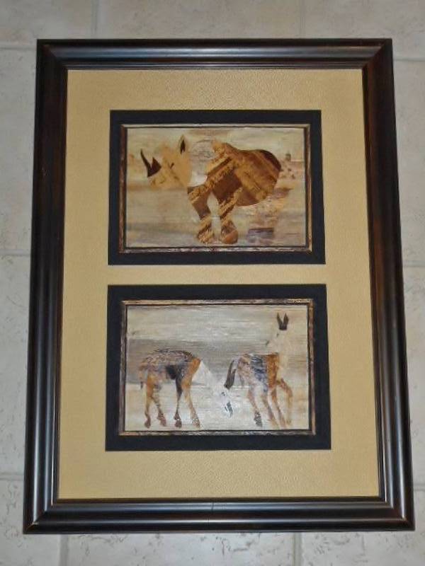 lot 81 image: hand carved veneer abstract african rhino and gazelle framed art