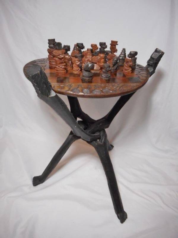 lot 82 image: African chess set table hand crafted ebony & mahogany wood