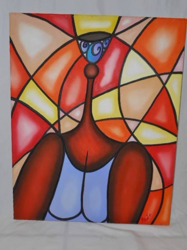 lot 93 image: Island woman painting on canvas signed by artist