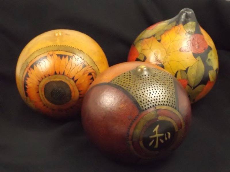 lot 27 image: Hand painted gourds signed by artist