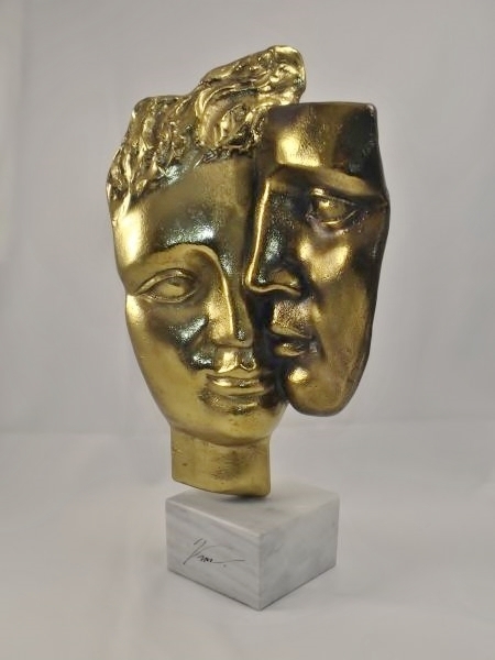 lot 53 image: Signed face art sculpture on stone base signed by artist