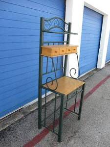 lot 14 image: Green Metal and Blond Wood- Bakers Rack, With 4-Small Drawers and Lower 5-Wine Bottle Rack